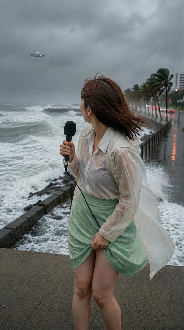 A young woman in a wet white blouse and green skirt holds a microphone on a stormy seaside promenade while waves crash and a UFO appears in the dark sky.