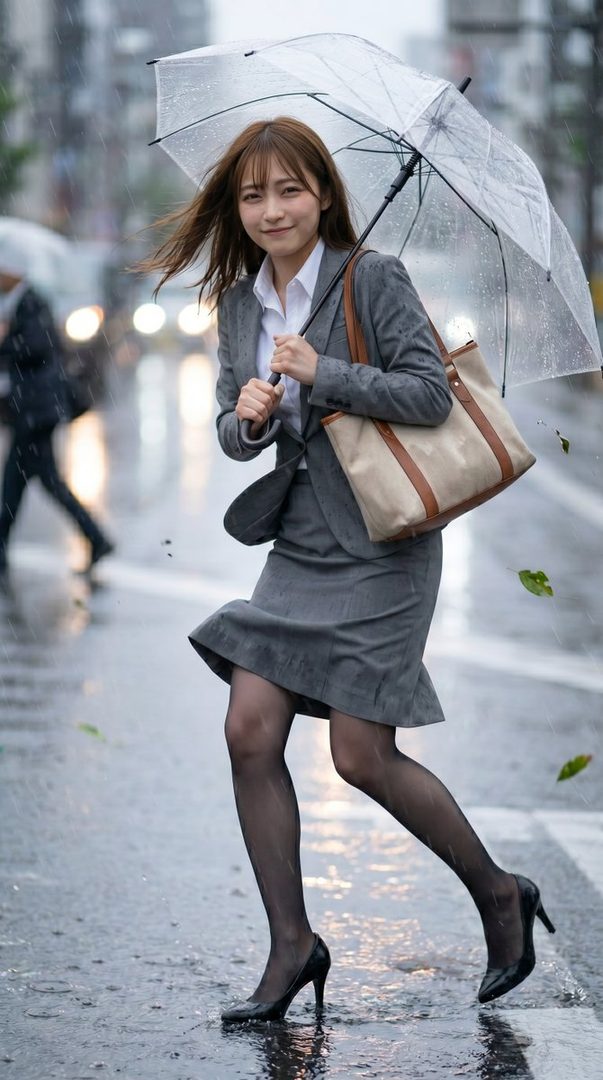 Young Japanese woman in a gray business suit holding a transparent umbrella while walking on a rainy city street.