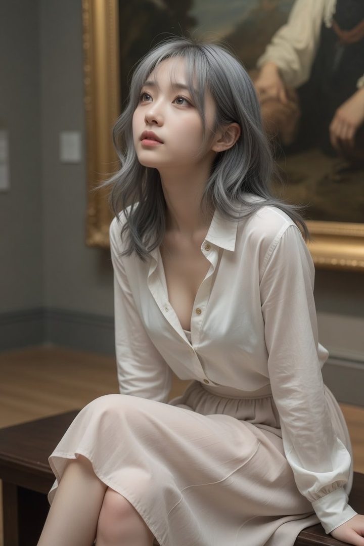 A young woman with silver wavy hair, wearing a white button-up shirt and a beige skirt, sits thoughtfully in an art gallery.