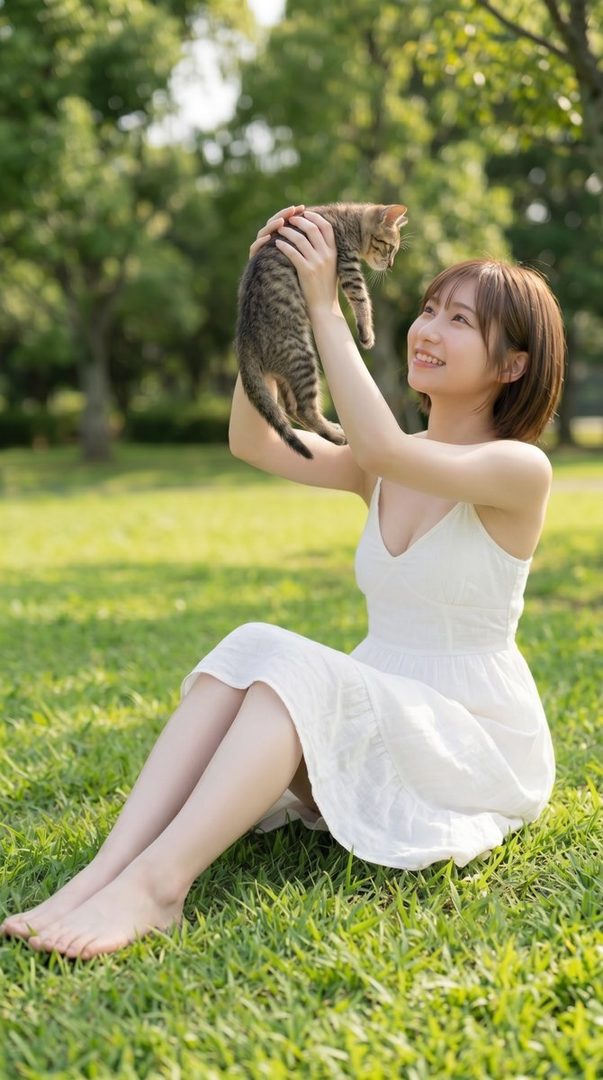 A smiling young woman in a white dress sits barefoot on green grass in a sunny park, gently holding up a small tabby kitten.