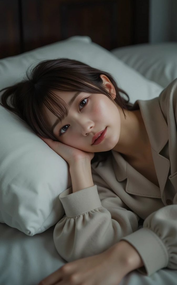 A young East Asian woman with brown hair and bangs resting her head on a white pillow in a softly lit bedroom, wearing a beige blouse.