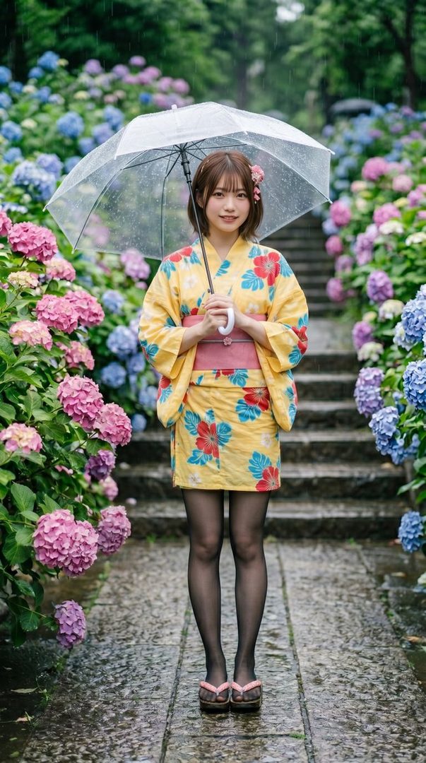 Young woman in a yellow floral yukata holding a clear umbrella amid blooming hydrangeas on a rainy day.