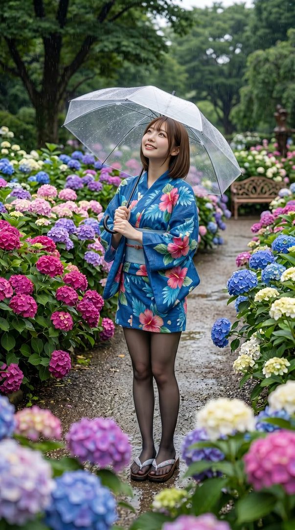 A smiling Japanese woman in a blue floral kimono holds a transparent umbrella while standing in a rainy hydrangea garden.