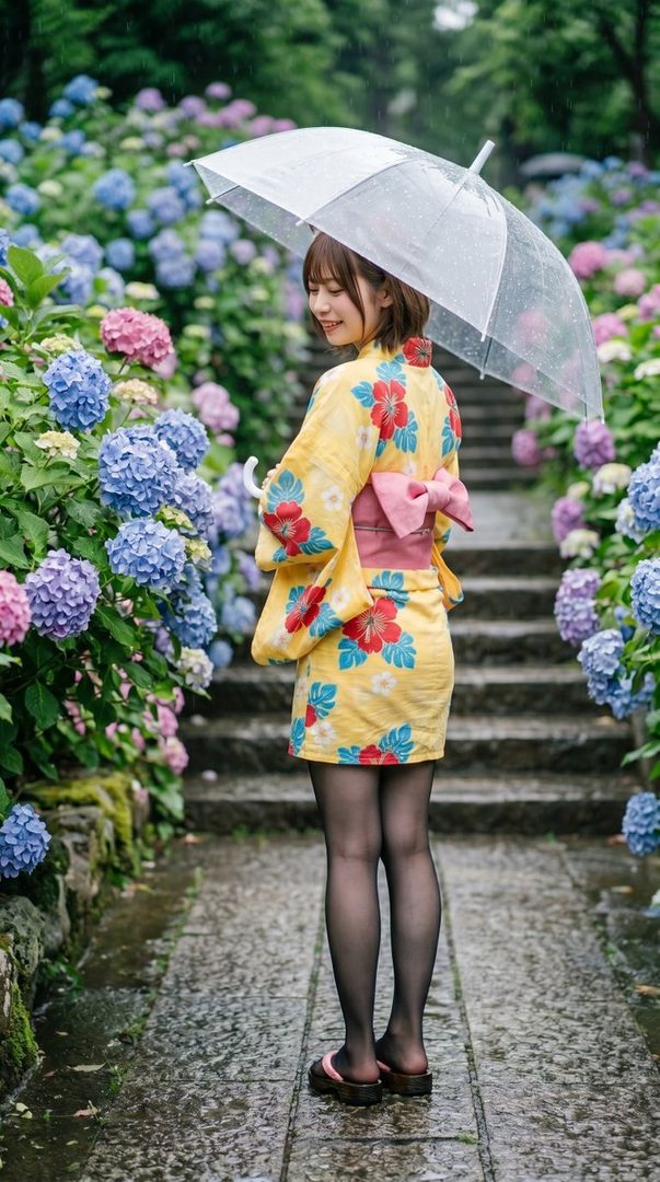 A young woman in a yellow floral yukata and black stockings holding a clear umbrella stands on stone steps amid blooming hydrangeas in the rain.