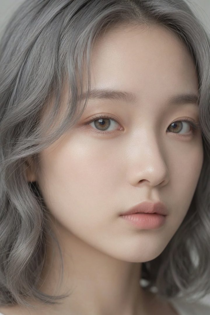 A close-up portrait of a woman with silver wavy hair and natural makeup, looking directly at the viewer.