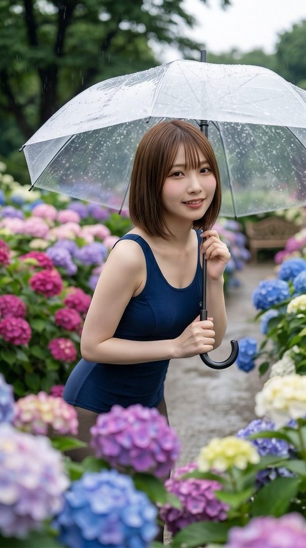 A young woman with a brown bob haircut smiles while holding a clear umbrella in a rainy hydrangea garden, wearing a navy blue one-piece swimsuit.