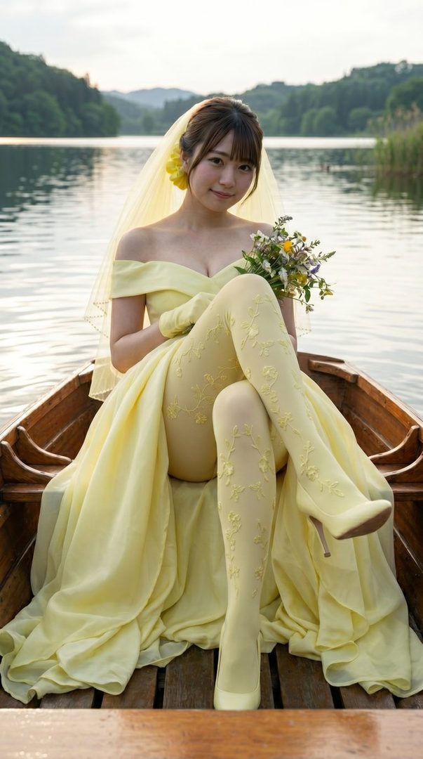 A young woman in a flowing yellow off-shoulder gown and veil sits gracefully in a wooden boat on a calm lake at sunset.