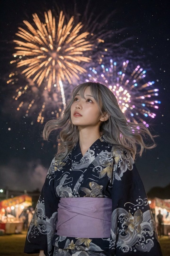 A young woman with silver hair wearing a dark blue yukata with fish patterns looks up at colorful fireworks exploding in the night sky.