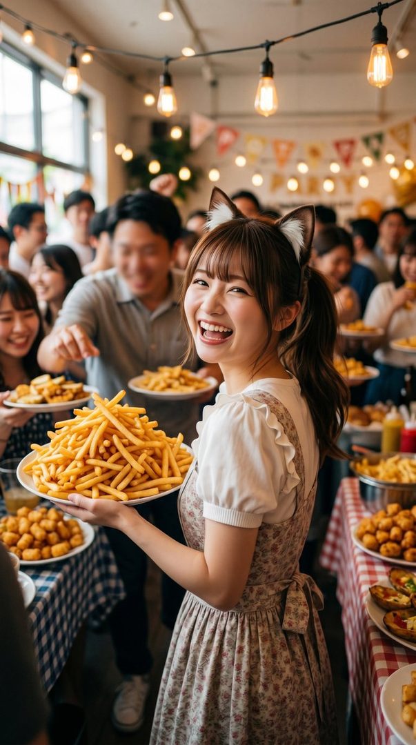 Smiling young woman with cat ears holding a large plate of french fries at a lively indoor potato party with string lights and guests.
