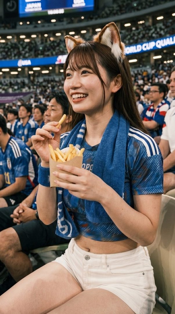 Young Japanese woman with fox ears smiling while eating fries in a crowded soccer stadium during a World Cup qualifier.