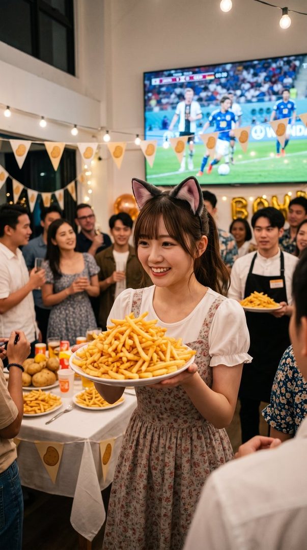 Young woman with cat ears happily holding a plate of french fries at an indoor soccer viewing party.