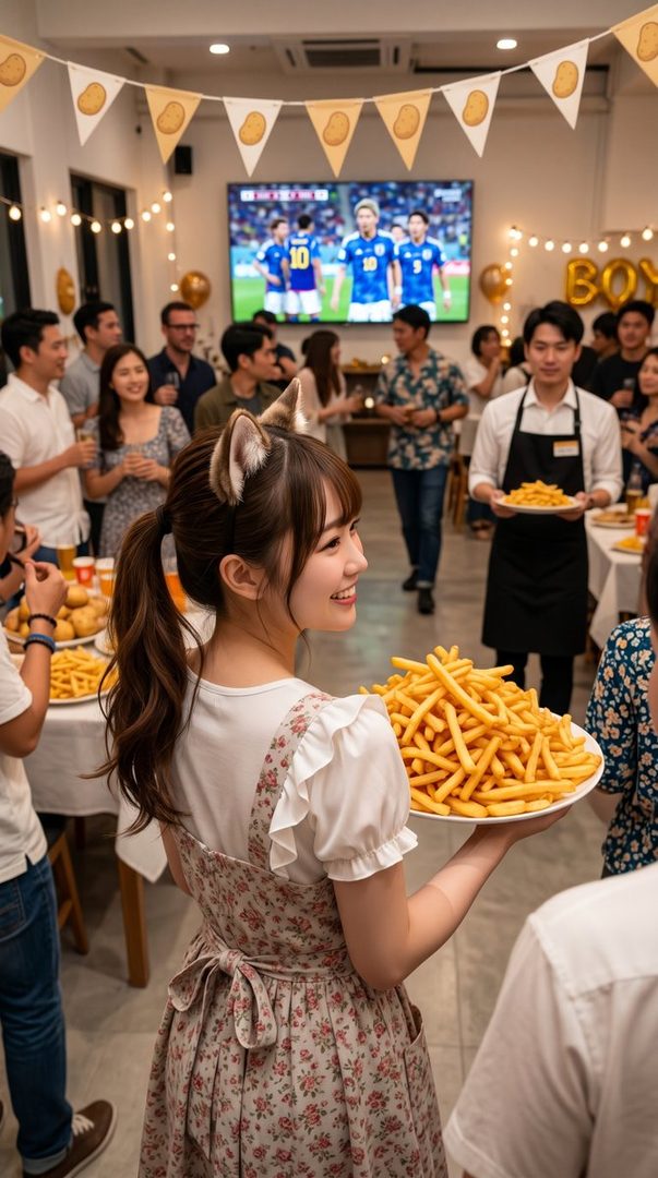 Young woman with cat ears holding a large plate of french fries at an indoor potato party watching a soccer match on TV.