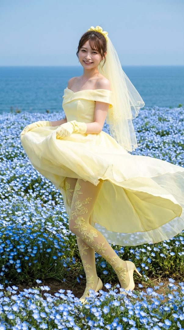 A young woman in a flowing yellow off-shoulder dress and veil poses gracefully in a field of blue flowers beside the ocean.