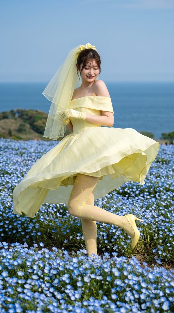A smiling young woman in a flowing yellow off-shoulder dress and veil playfully posing in a vast field of blue flowers overlooking the ocean.