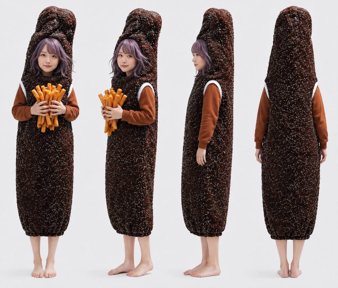 A person in a brown textured full-body costume with purple hair holds a bundle of breadsticks, shown in multiple views against a white background.