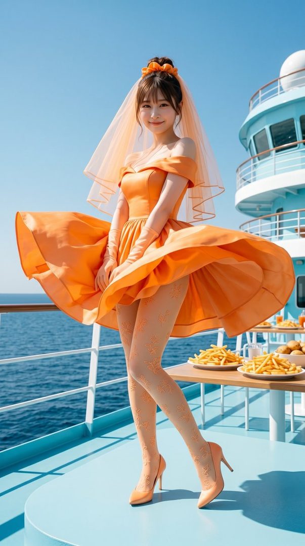 Elegant young woman in flowing orange dress and veil posing on sunny cruise ship deck beside plates of french fries.