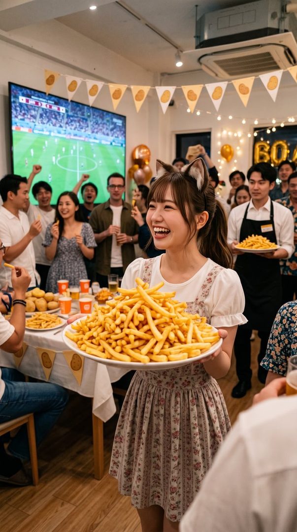 A smiling young woman wearing cat ears holds a huge plate of french fries at a lively indoor sports viewing party.
