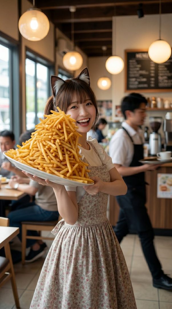 Smiling young woman with cat ears holding an oversized plate of french fries in a bright cafe setting.