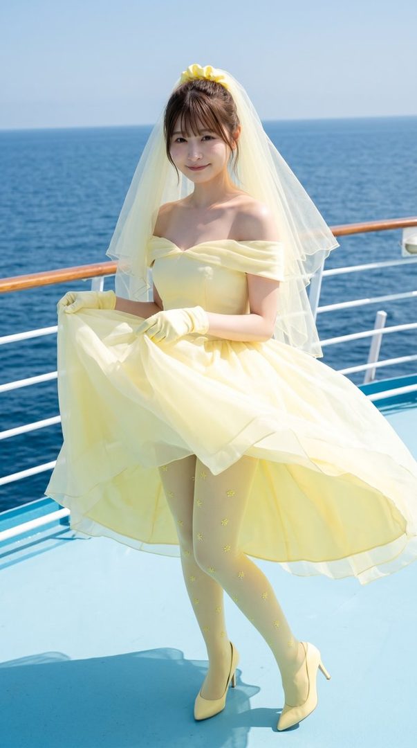 Young woman in a bright lemon-yellow off-shoulder dress with veil and gloves posing on a ship deck overlooking the blue ocean.
