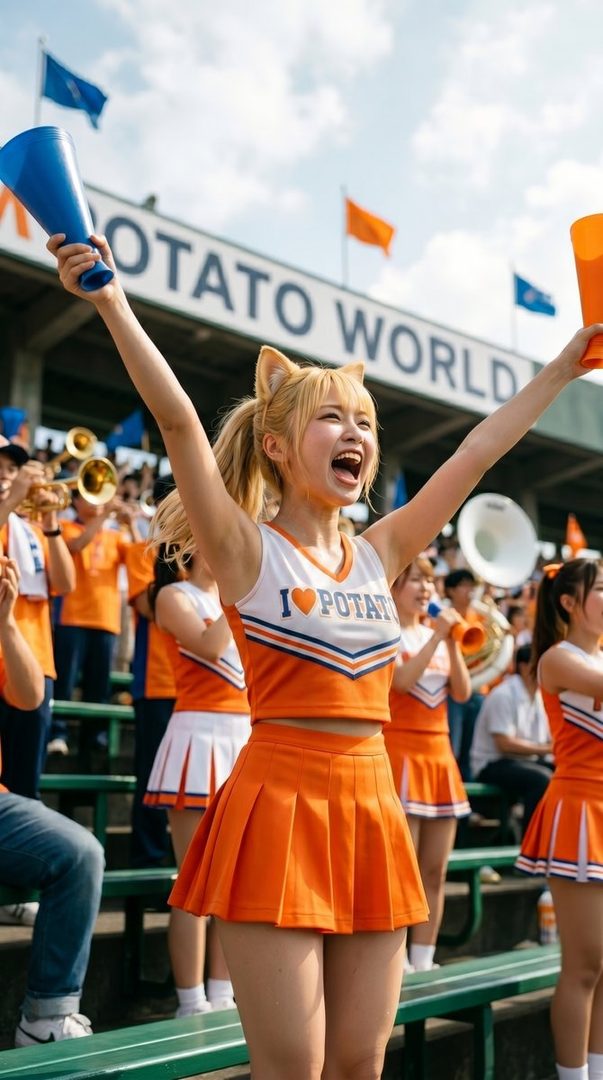Blonde cheerleader with cat ears cheering enthusiastically in an orange uniform at a lively stadium event.