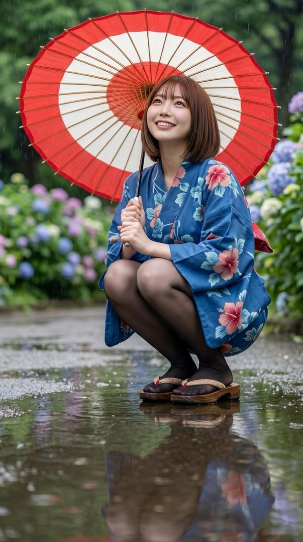 A smiling woman in a blue floral kimono holding a red and white paper umbrella while squatting on a wet path amid blooming hydrangeas in the rain.