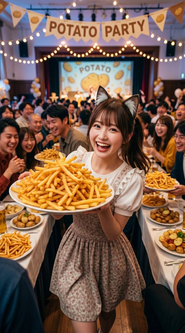 A joyful young woman wearing cat ears holds a huge plate of french fries at a crowded indoor potato party.