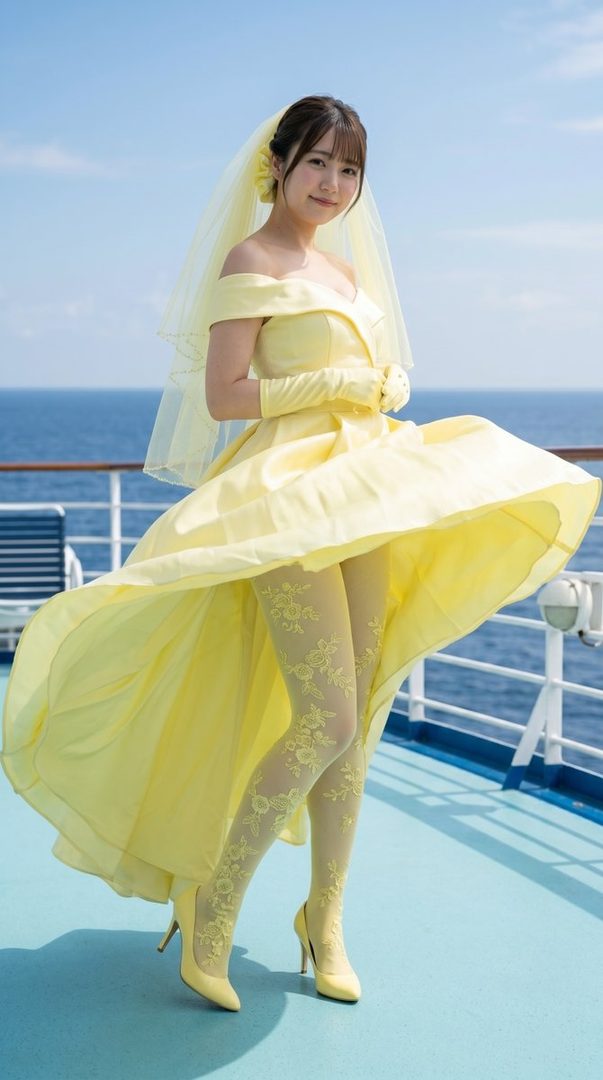 A young woman in a flowing lemon-yellow off-shoulder dress with veil and gloves posing on a sunny ship deck overlooking the ocean.