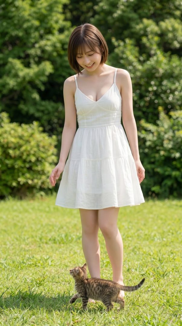 A young woman with a brown bob haircut smiles down at a small kitten while standing barefoot in a sunny grassy field wearing a white tiered dress.
