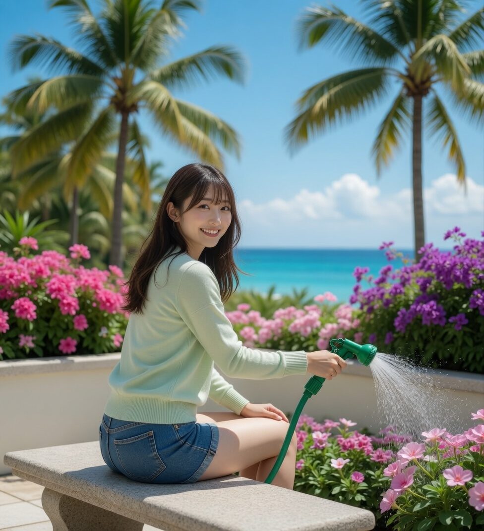 Young East Asian woman in a mint sweater sitting on a stone bench and watering colorful flowers with a green hose in a sunny tropical garden overlooking the ocean.