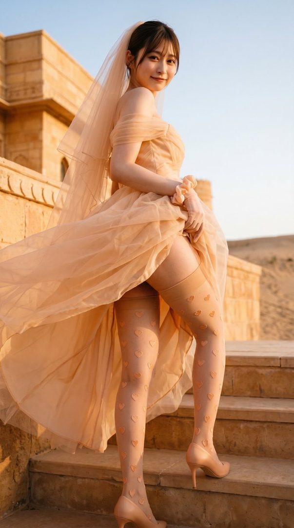 Elegant young woman in a flowing peach dress and veil posing gracefully on ancient stone steps in a sunlit desert landscape.