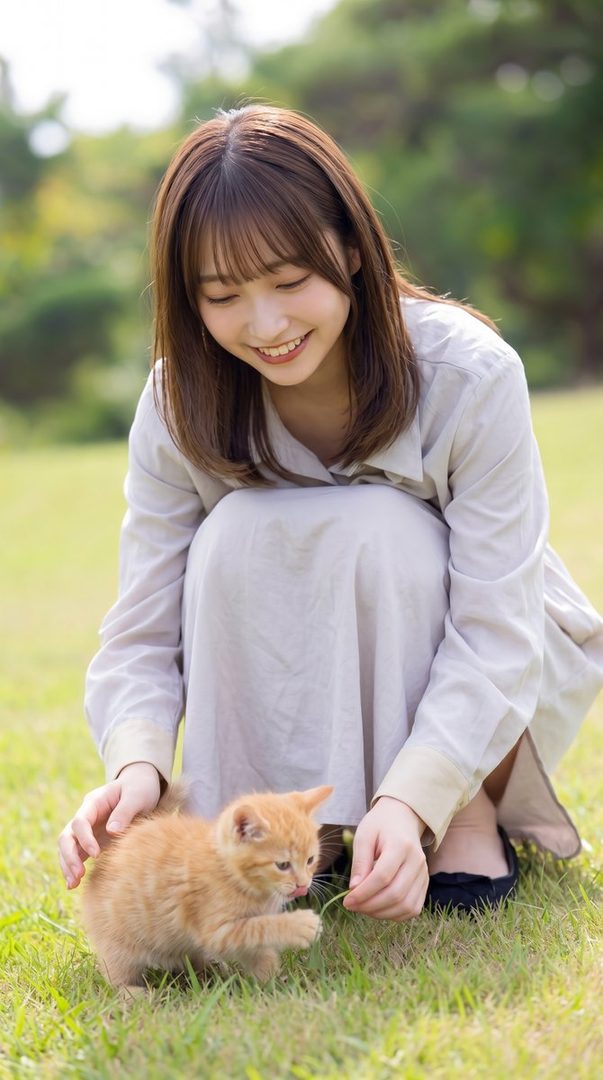 A smiling young Japanese woman in a light dress gently plays with an orange kitten on a sunny grassy field.