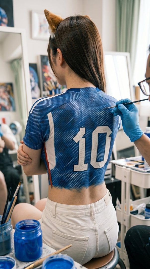 Woman with cat ears receiving body-painted soccer jersey number in an art studio setting.