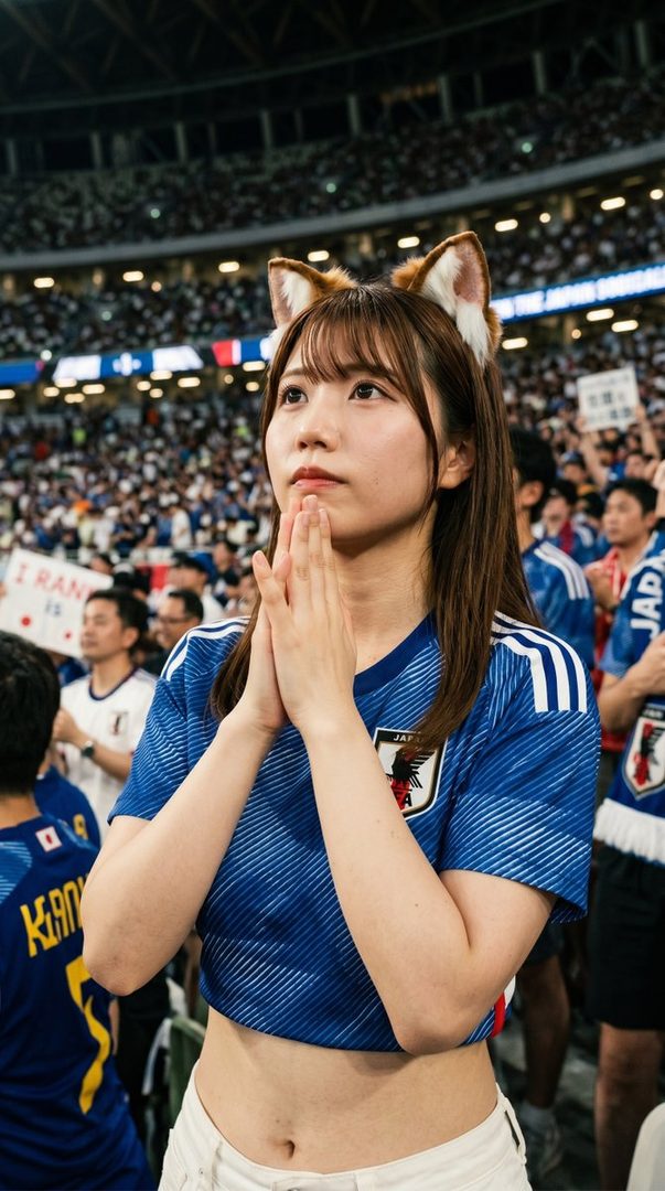 Young Japanese woman in cropped Samurai Blue jersey with fox ears headband praying in a packed nighttime soccer stadium.
