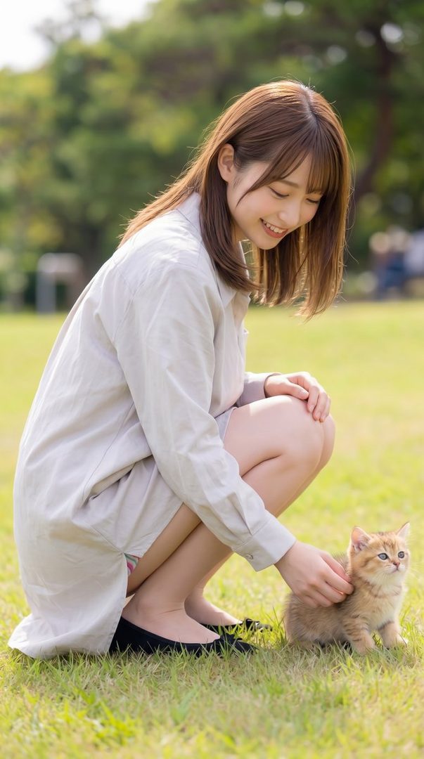 A smiling young woman in a light shirt dress crouches on green grass to gently pet a small ginger kitten in a sunny park.