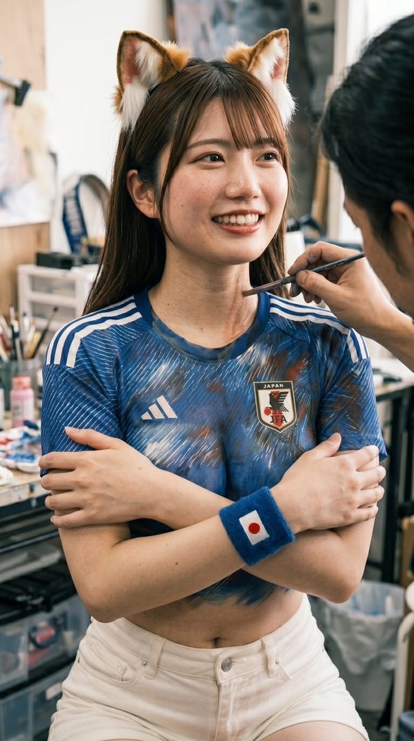 A smiling young Japanese woman with fox ears cosplay accessories wearing a blue Japan national soccer jersey in a makeup studio.