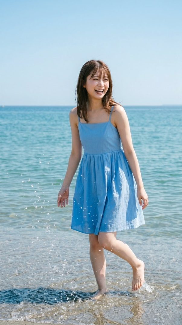A smiling young woman in a light blue dress standing barefoot in shallow turquoise ocean water under a clear blue sky.