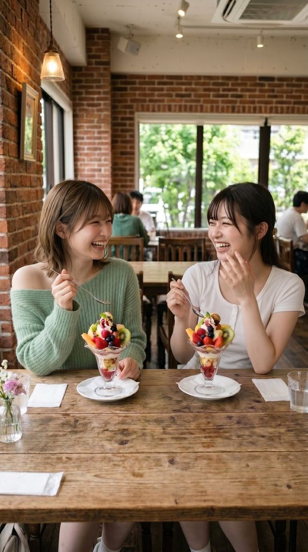 Two young women laughing together while enjoying colorful fruit parfaits at a rustic wooden table in a cozy cafe.