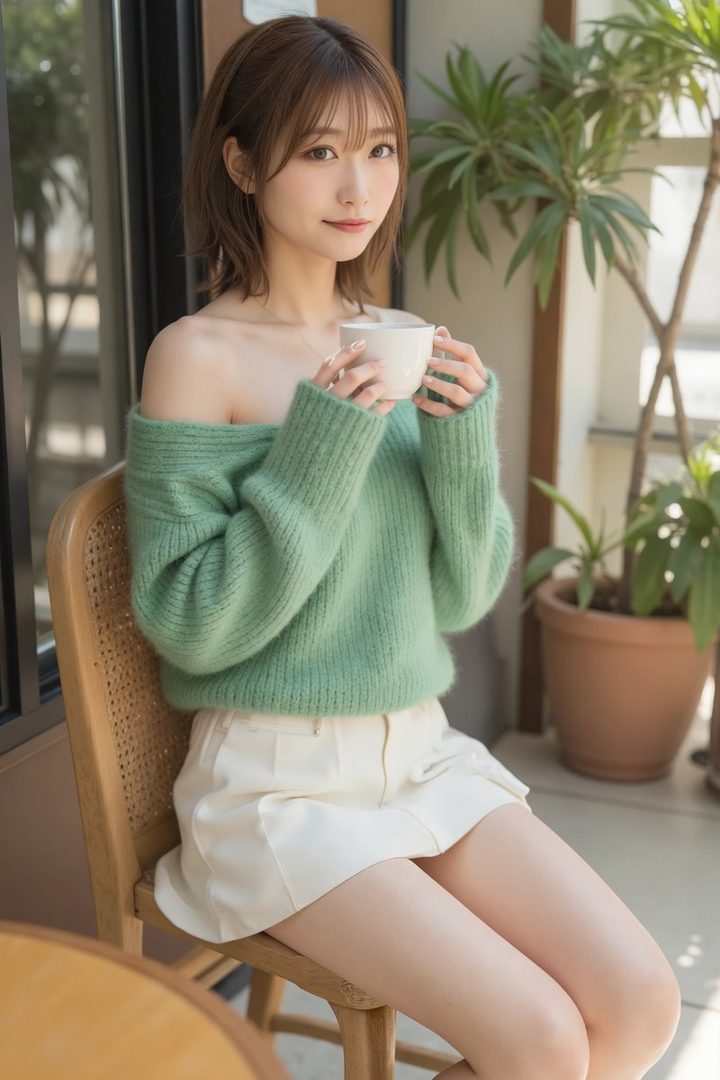 A young Japanese woman with brown bob hair wearing an off-shoulder green knit sweater and white skirt, sitting indoors while holding a white cup.