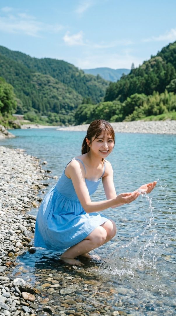 Young woman in a light blue dress playfully splashing water while squatting at the edge of a clear emerald river with green mountains in the background.