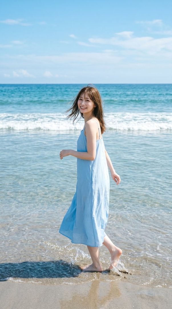 A smiling young woman in a flowing light blue dress walks barefoot through shallow ocean waves on a sunny beach.