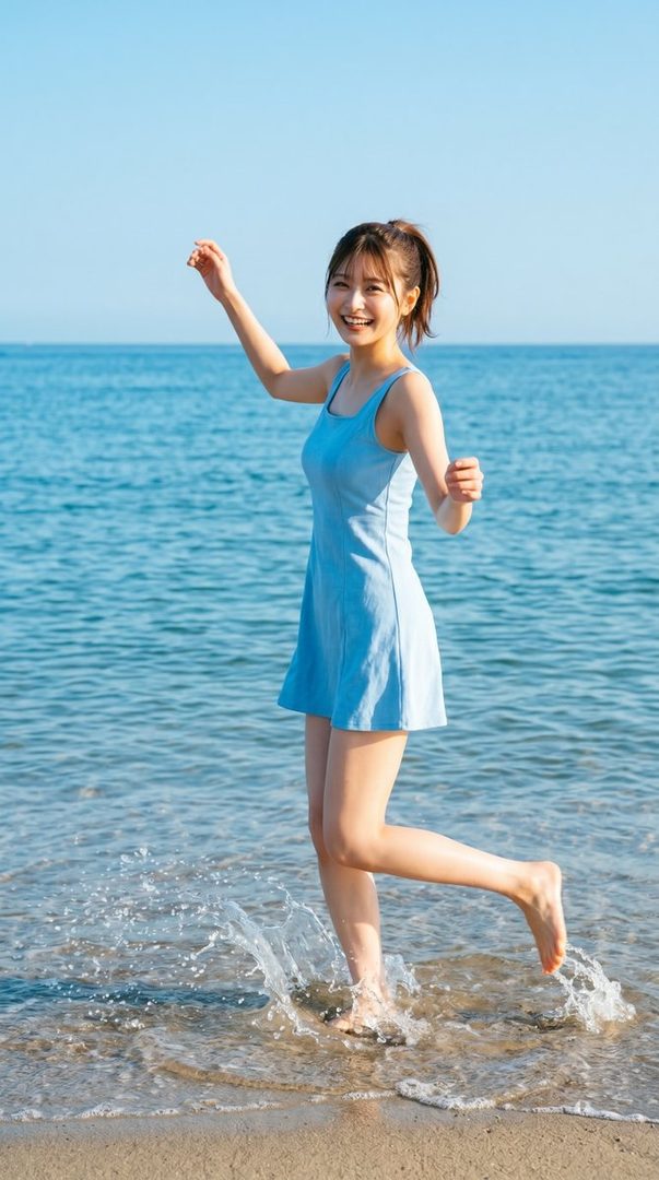 A smiling young woman in a light blue dress playfully splashing water at the beach under a clear blue sky.