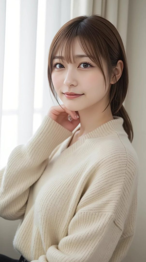 A young Japanese woman with brown hair in a cream knit sweater smiles gently indoors by a bright window.