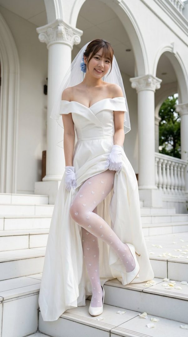 A smiling young woman in an elegant white off-shoulder wedding dress with veil and heart-patterned white tights posing on marble steps.