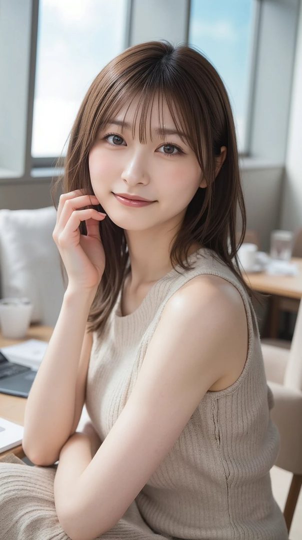 A young Japanese woman with shoulder-length brown hair and bangs smiles gently in a bright indoor setting, wearing a beige knit sleeveless top.