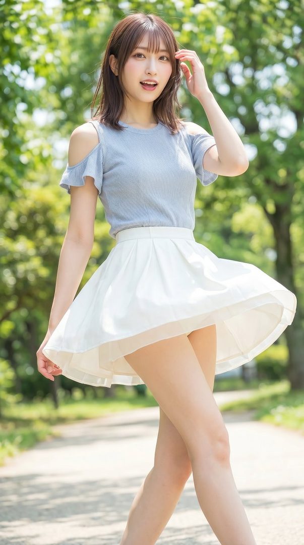 A young Japanese woman in a light blue cold-shoulder top and flowing white skirt posing on a sunny park path.