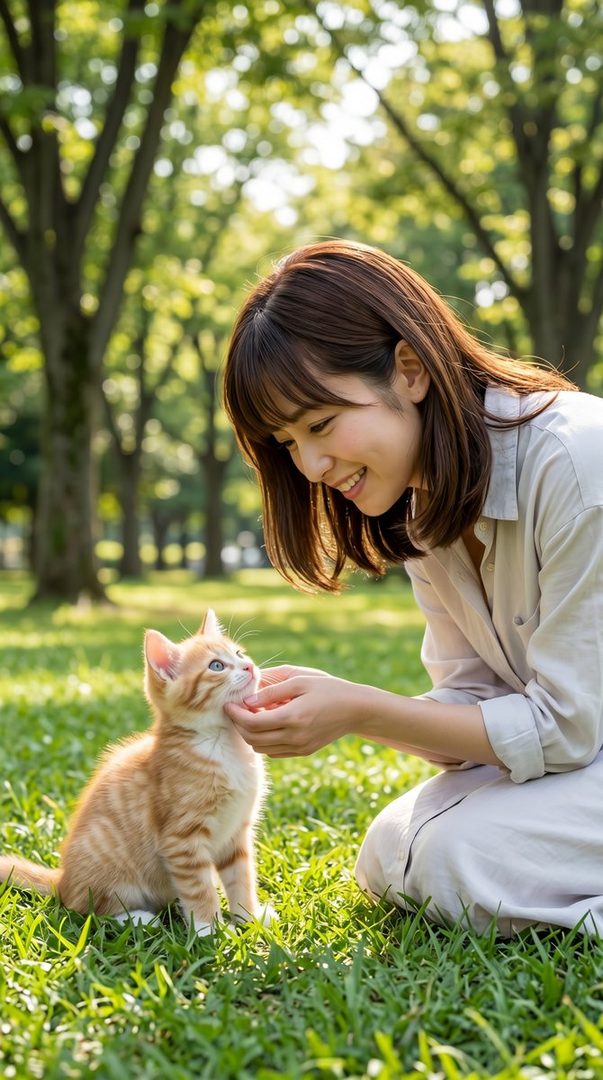 A smiling young woman gently touching an orange kitten on the grass in a sunny park.
