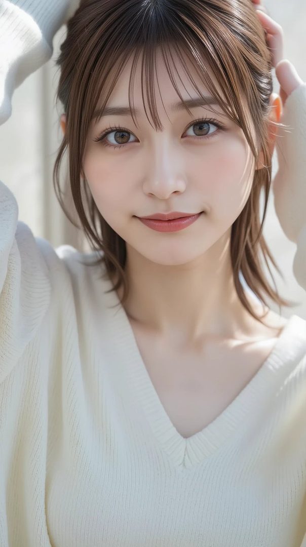 Close-up portrait of a young East Asian woman with shoulder-length brown hair and soft bangs, wearing a white knit sweater, smiling gently in bright natural light.