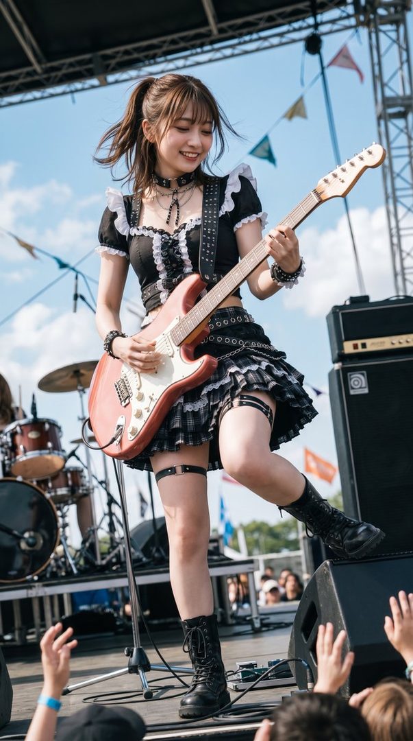Young woman energetically performing with an electric guitar on an outdoor festival stage under a bright sky.