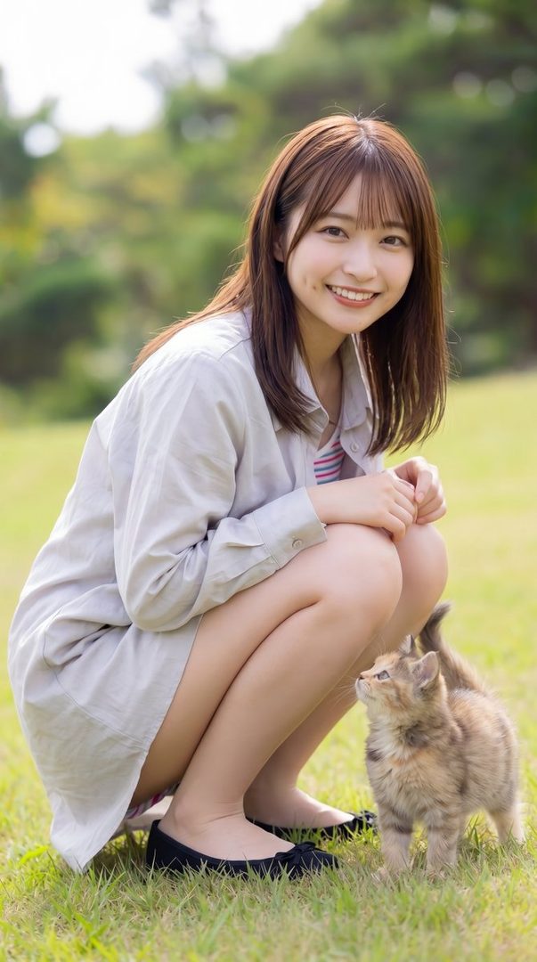 A smiling young woman with shoulder-length brown hair squats in a sunny grassy field beside a small kitten.