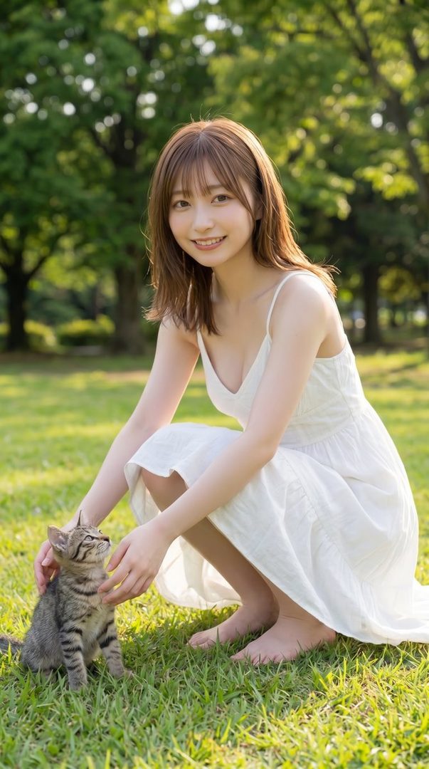 A smiling young woman in a white dress gently pets a tabby kitten while squatting barefoot on green grass in a sunny park.